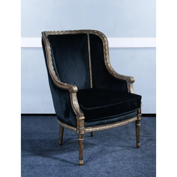 Hand-Carved Louis XVI Bergere Chair in Black Velvet