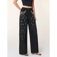 thumbnail image 2 of hoksml Women's Pearl Rhinestone Wide Leg Jeans, High Waist Loose Denim Pants with Studs Black, 2 of 9