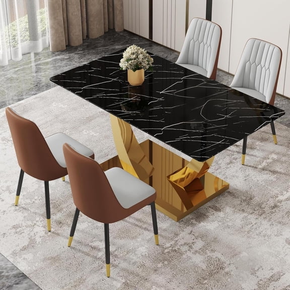 TesNus 63" black faux marble dining table set for 4, rectangular tempered glass table with gold U-shaped base and PU leather chairs for dining room kitchen