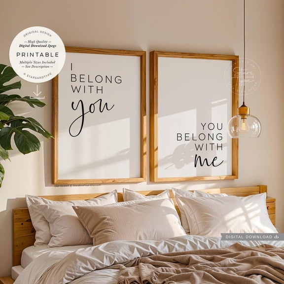 UNFFRAMED I Belong With You You Belong With Me, Wall Art, Couples, Set Of 2, Bedroom Sign Decor, Print Jpgs Set 2 Prints 8x12