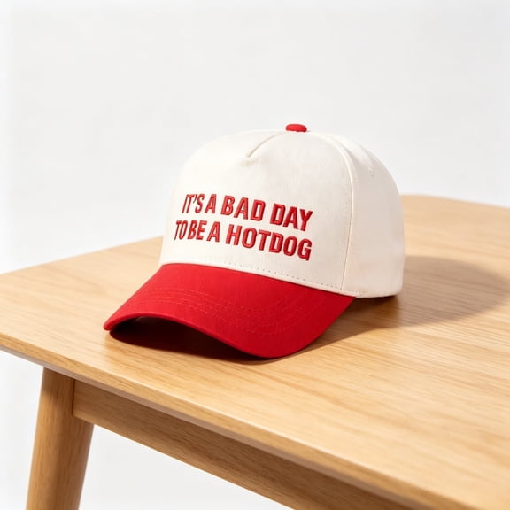Funny Truck Driver Hat "Bad Day to Be a Hotdog" – Adjustable Embroidered Baseball Cap for Men & Women – Red White Novelty Trucker Hat for Casual Wear & Gifts