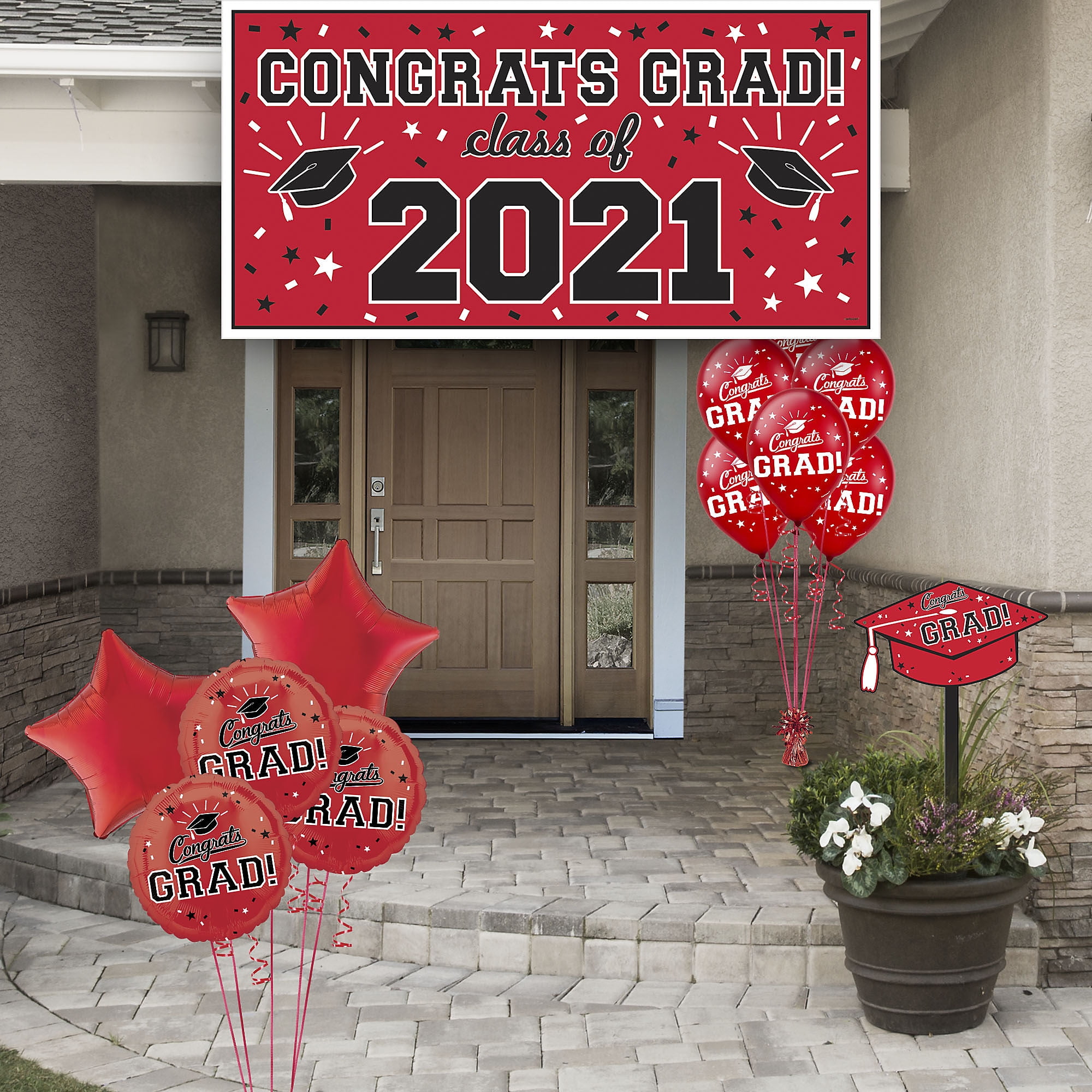 Party City Red Congrats Grad Graduation Outdoor Decoration Kit, With