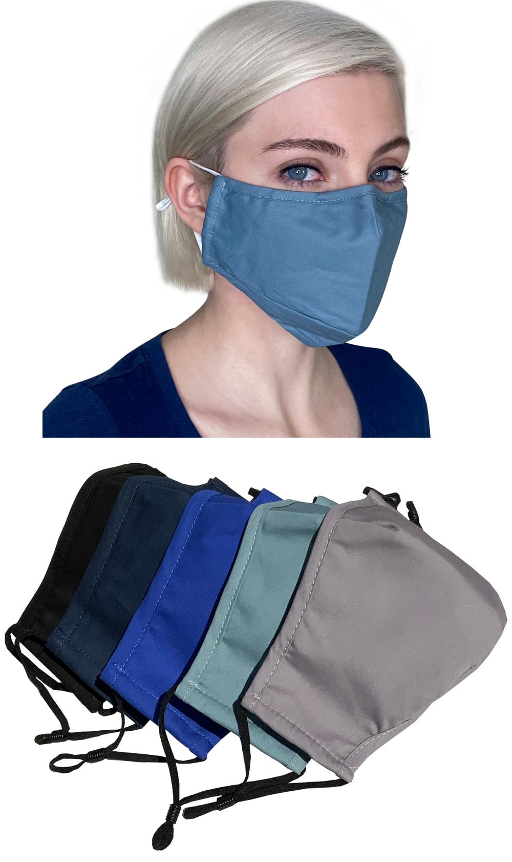 Filter Pocket 3 Pack Cotton Cloth Face Mask/Covering with Nose Wire Adjustable Ear Loops