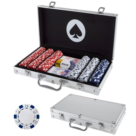 Poker Set with Cards, Buttons, Carrying Case, and 300 Poker Chips for Texas Hold'em and Blackjack
