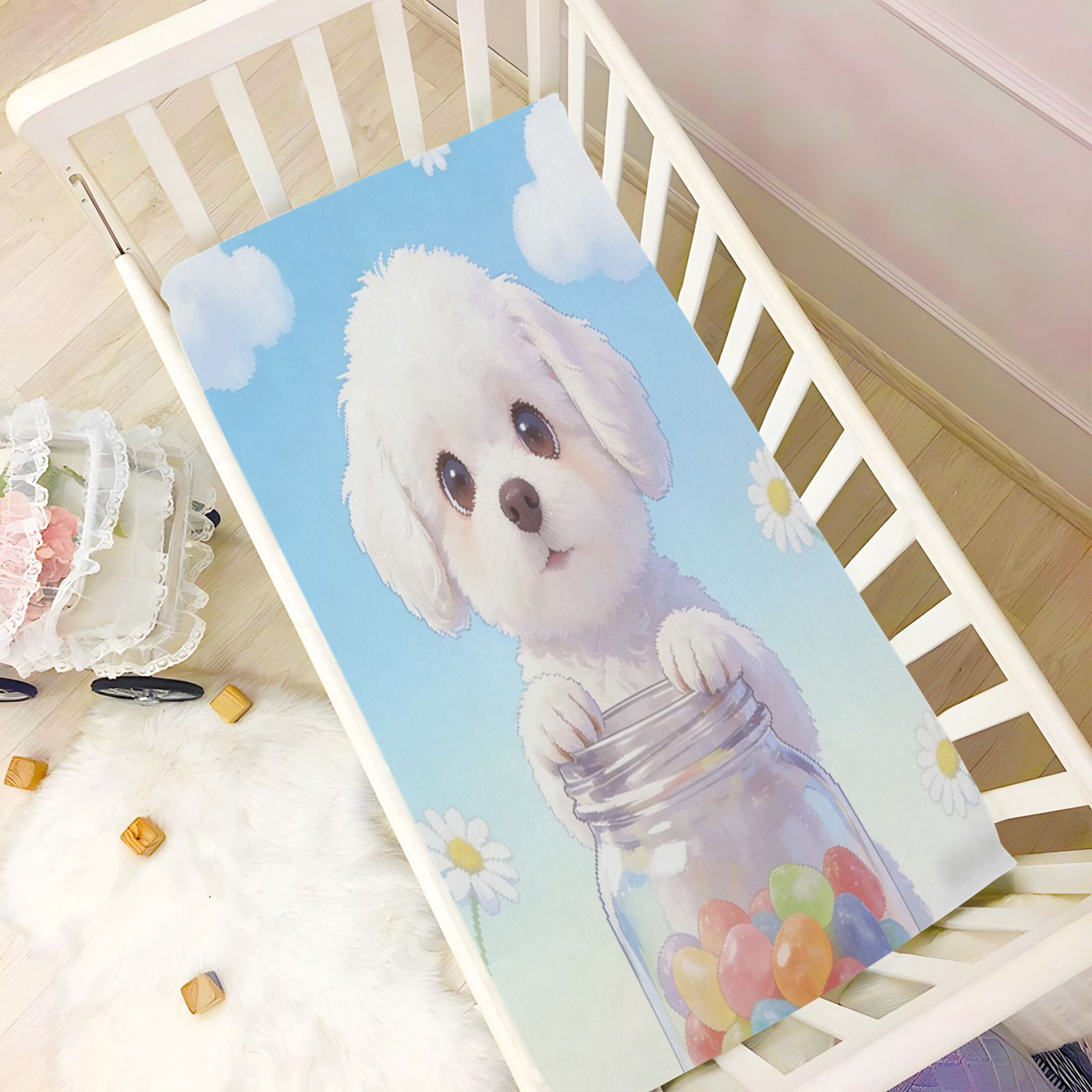Baby Essentials 52”x 28”- Standard Cotton-like Modal Elastic- Candy Dog Pattern Design Crib Sheets for Newborns and Toddlers