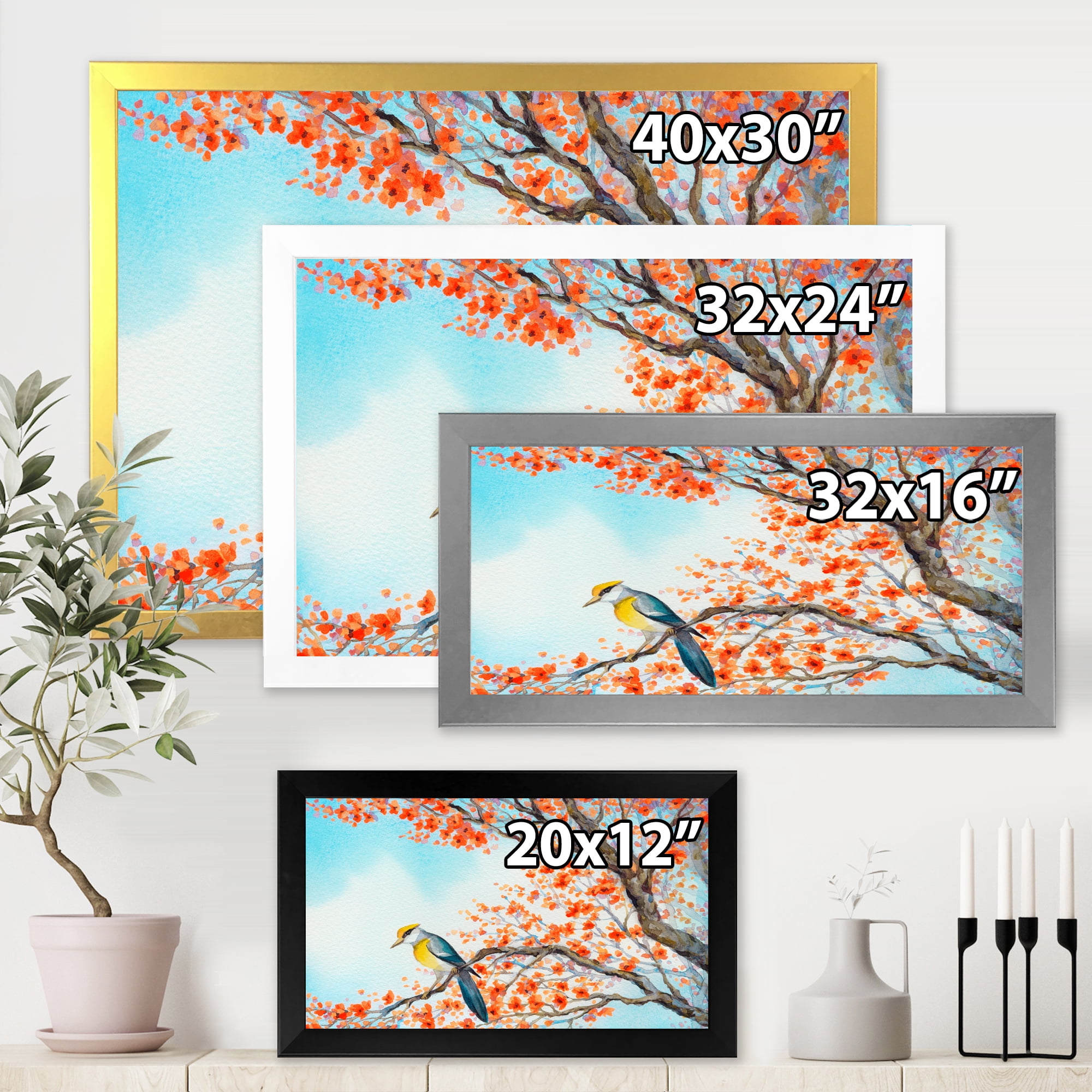 Beautiful Orange Bird Sitting On Flowering Branch 40 in x 30 in Framed Painting Canvas Art Print, by Designart