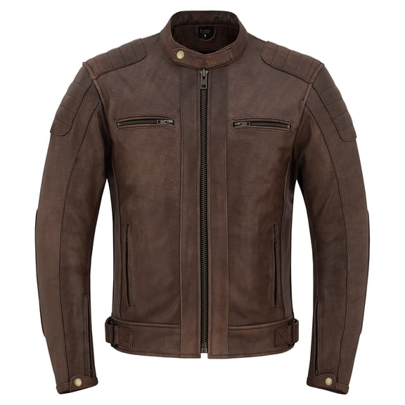 Men's Motorcycle Motorbike Cowhide Leather Jacket Distress Zip Up CE Approved Protection Jacket Antique Brown-S