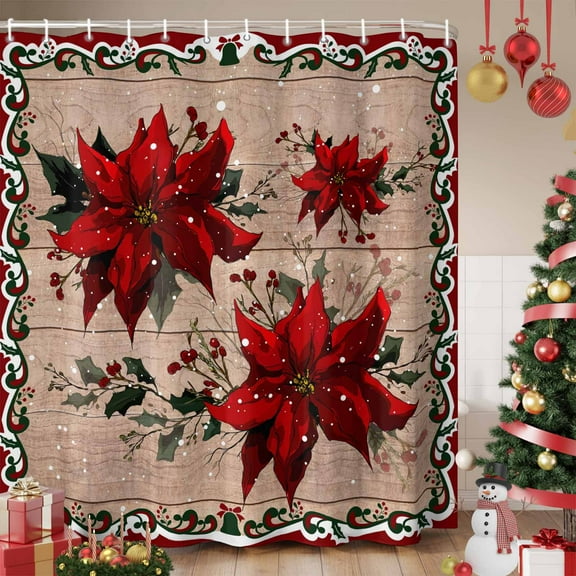 Christmas Poinsettia Shower Curtain, Winter Xmas Red Floral Botanical Wooden Waterproof Fabric Shower Curtains with 12 Hooks, Bathroom Curtain Set for Bathroom Accessories Decor, 54 x 78Inches