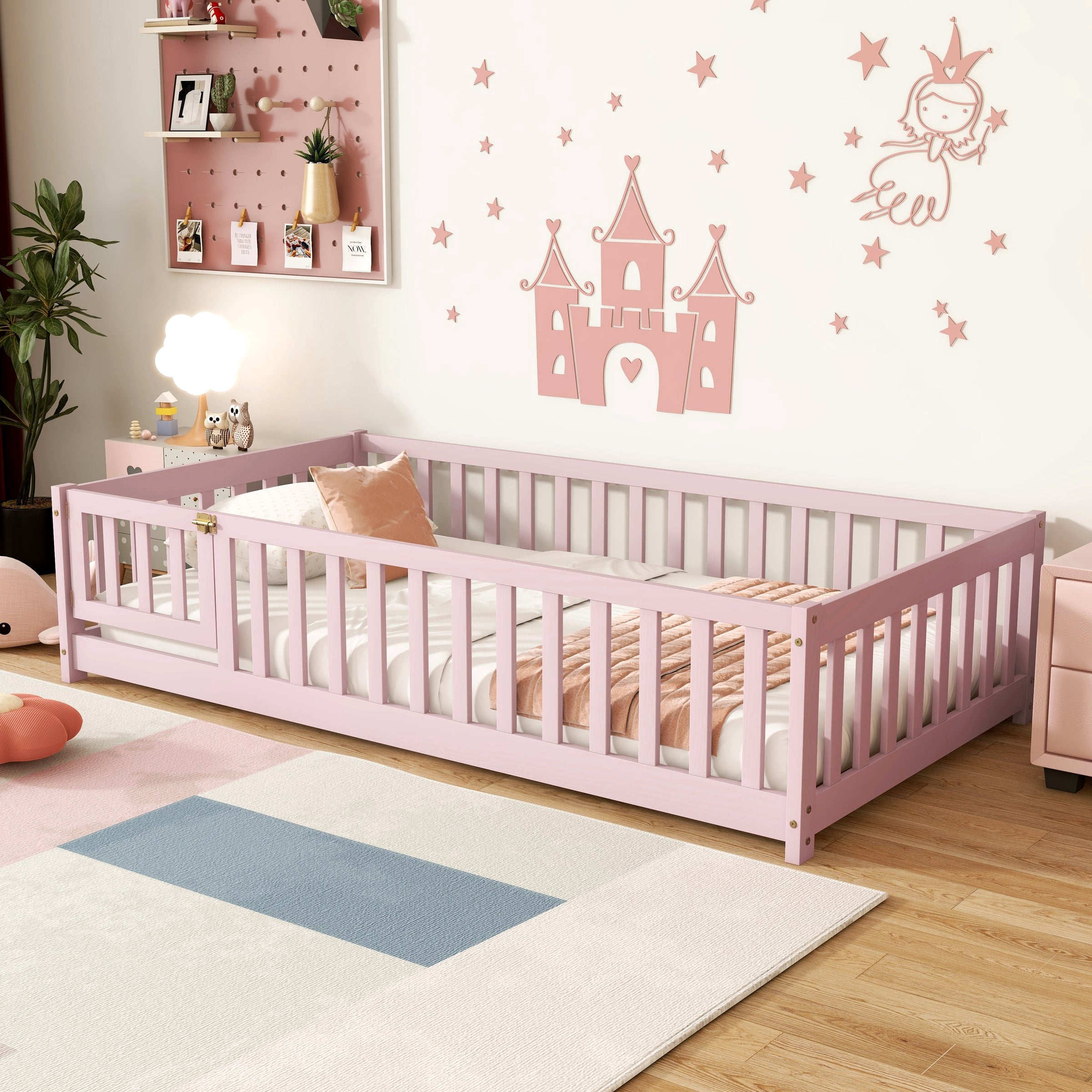 Twin Size Floor Bed with Fence and Door,Rubber Wood Floor Bed with Safety Guardrails,Pink