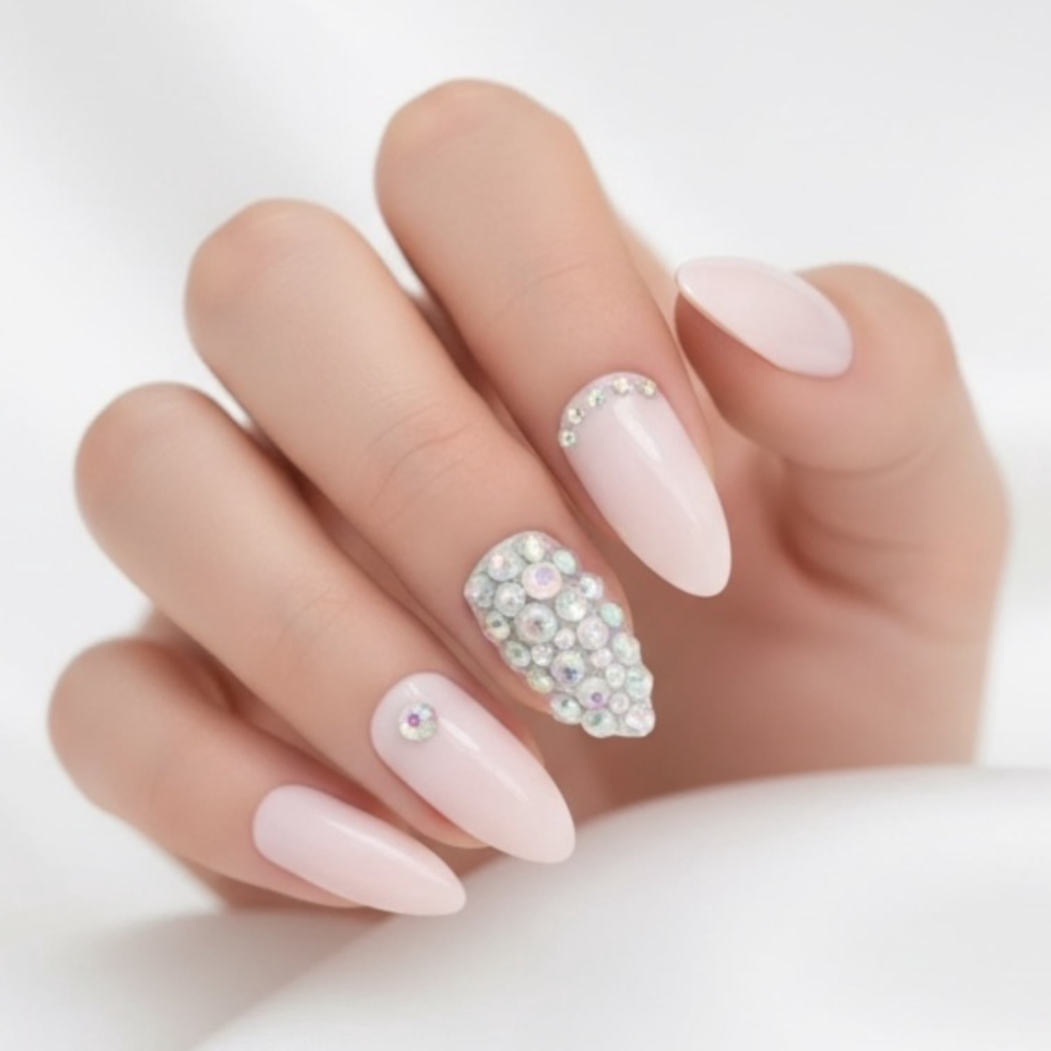 Nude 3D Crystal Press On Nails, Long Stiletto Acrylic Tips Rhinestones Design Fake Nails Set
