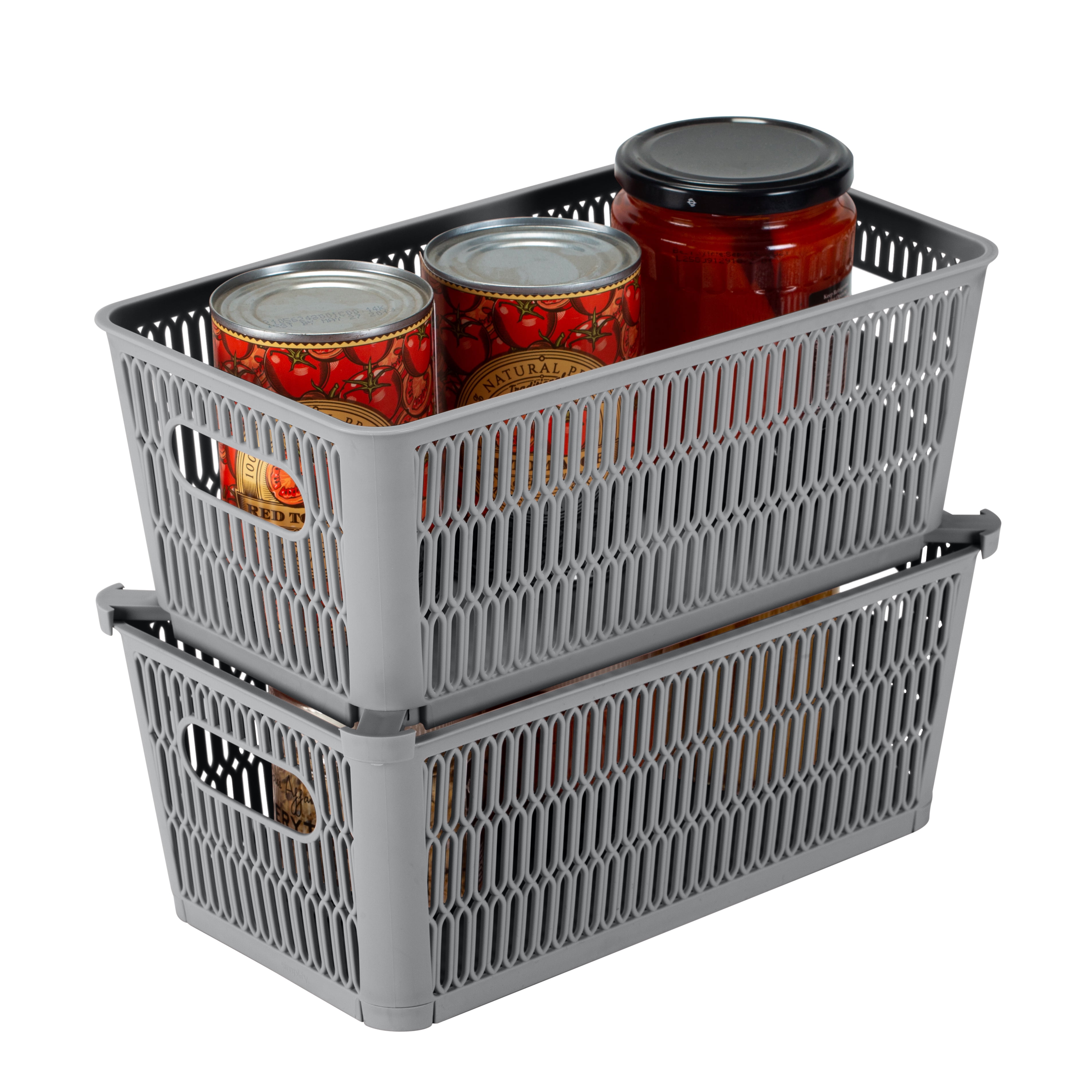 Simplify Slide 2 Stack It Plastic Storage Basket with Handles, Set of 2, Gray