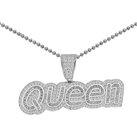 Real Genuine Sterling Silver 1.00 Cwt. Simulated Diamond 10K Gold Over Queen Princess Crown Quinceañera 15 Años Pendant Charm Chain Set Small 1''