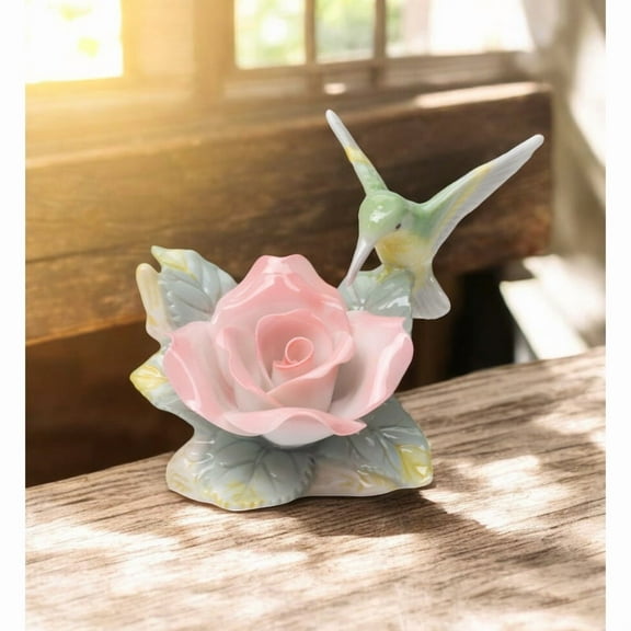 Ceramic Hummingbird with Peace Rose Figurine, Bird Watcher Gift, Gift for Her, Nature Lover Gift