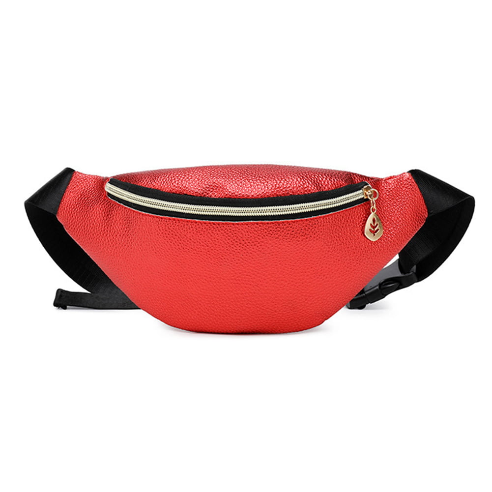 Women Fanny Pack PU Leather Metalic Chain Waist Pack Portable Waterproof Storage Bags Adjustable Belt Waist Bag for Travel Running Sports