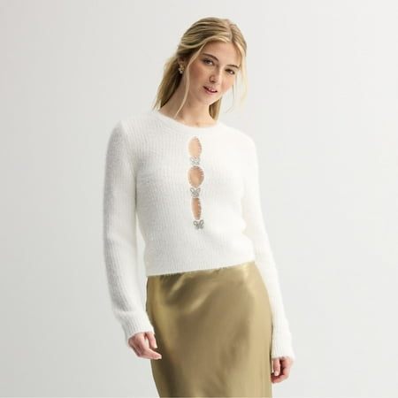 Juniors' madden girl Cut Out Rhinestone Sweater Color: Ivory Size: X SMALL
