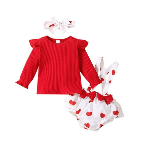 Odeerbi Baby Girls Clothes Toddler Outfit 2025 Valentine's Day Long Sleeve Round-Neck Blouses Bow-knot Print Suspenders Pants Headband Three-piece Set Red
