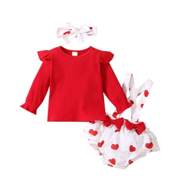 Traje De San Valentín Para Niñas Pequeñas, Blusas De Manga Larga Con Cuello Redondo, Tirantes Con Estampado De Lazo, Pantalones, Diadema, Conjunto De Tres Piezas Odeerbi LM103-8233