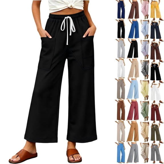 Tqcoqu Womens Drawstring Casual Pants,Elastic Waist Wide Leg Pants with Large Pockets,Black Women's S-XXL