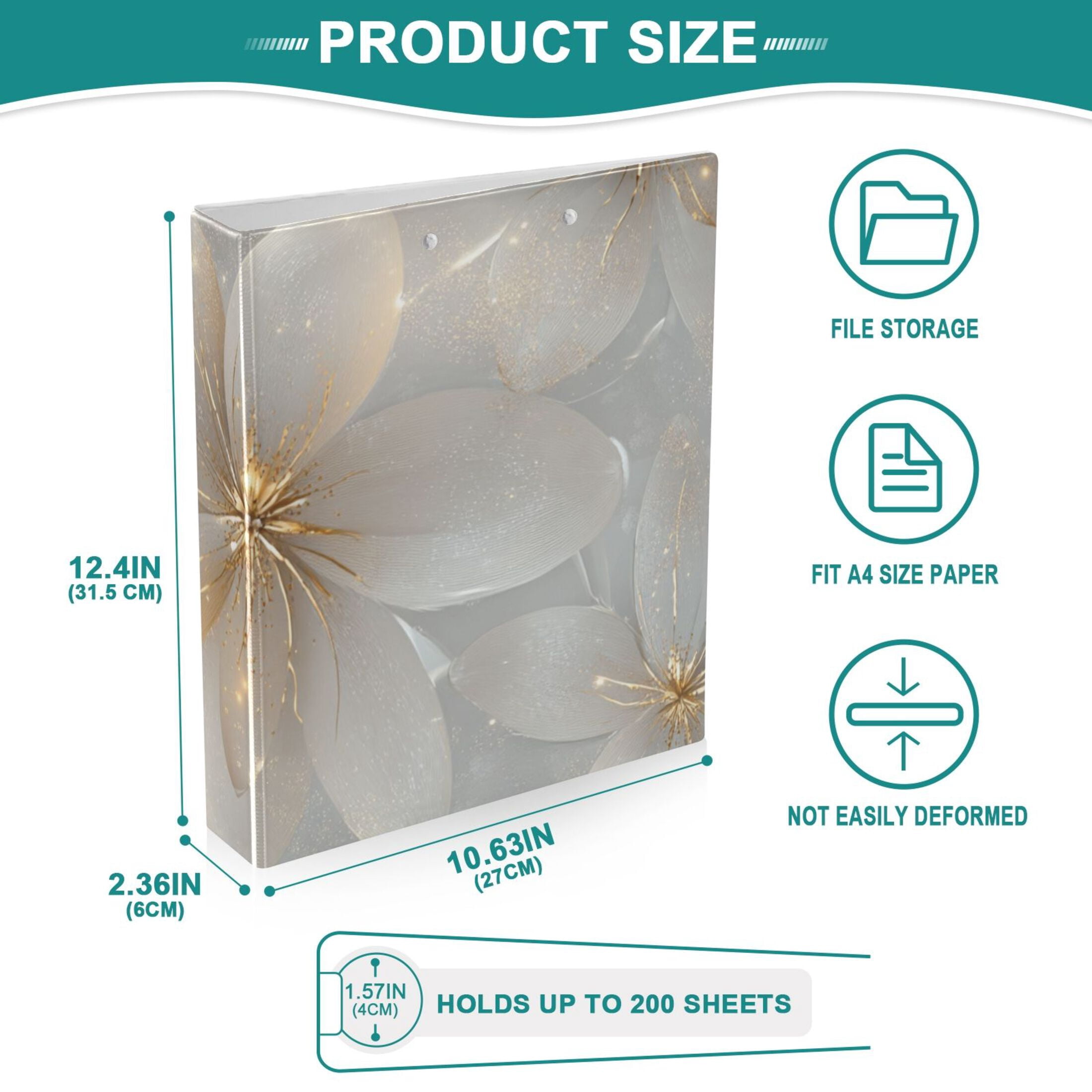 Flowers Gold 3 Ring Binders 1.5 inch Hardcover File Folders with Interior Pockets A4 Size Organizer for School Office Hospital