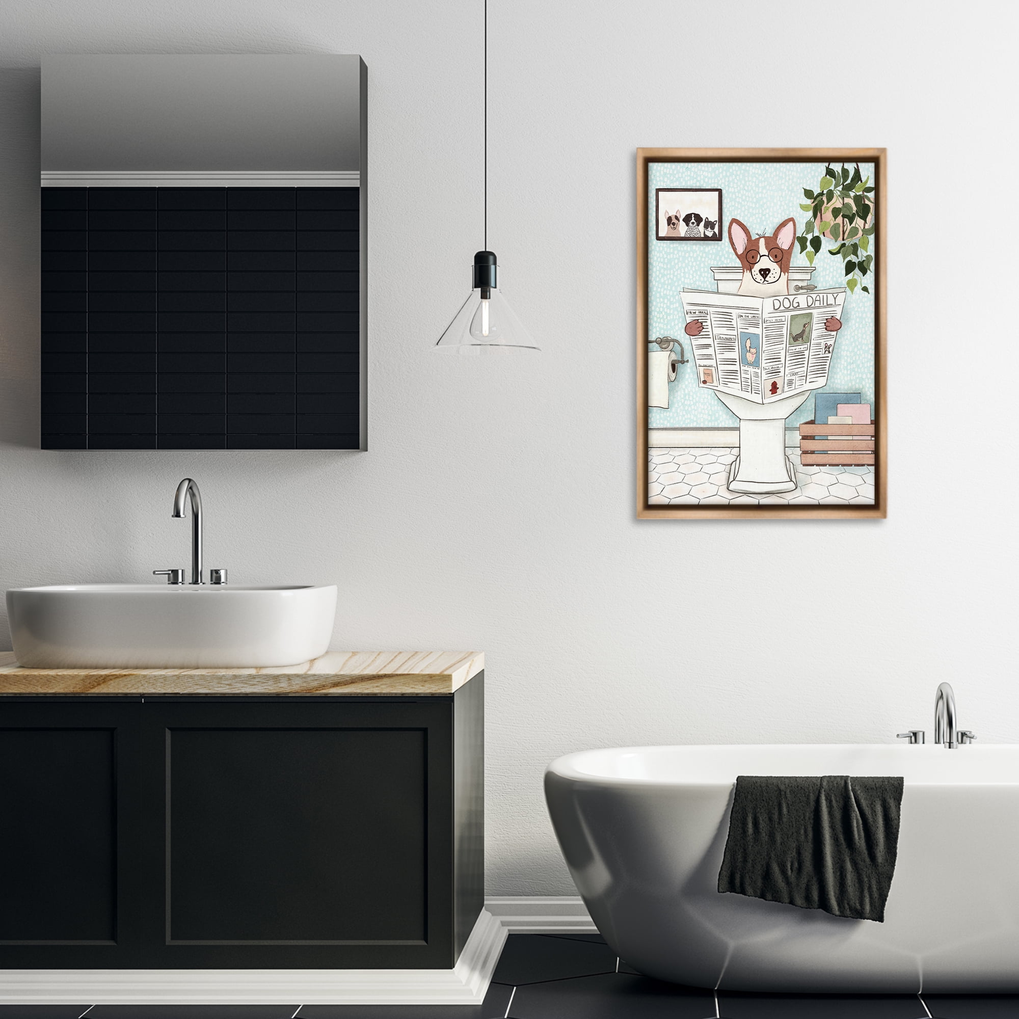 Stupell Industries Dog & Newspaper Bathroom Bath & Laundry Painting Brown Floater Framed Canvas Art Print Wall Art, 21 x 31