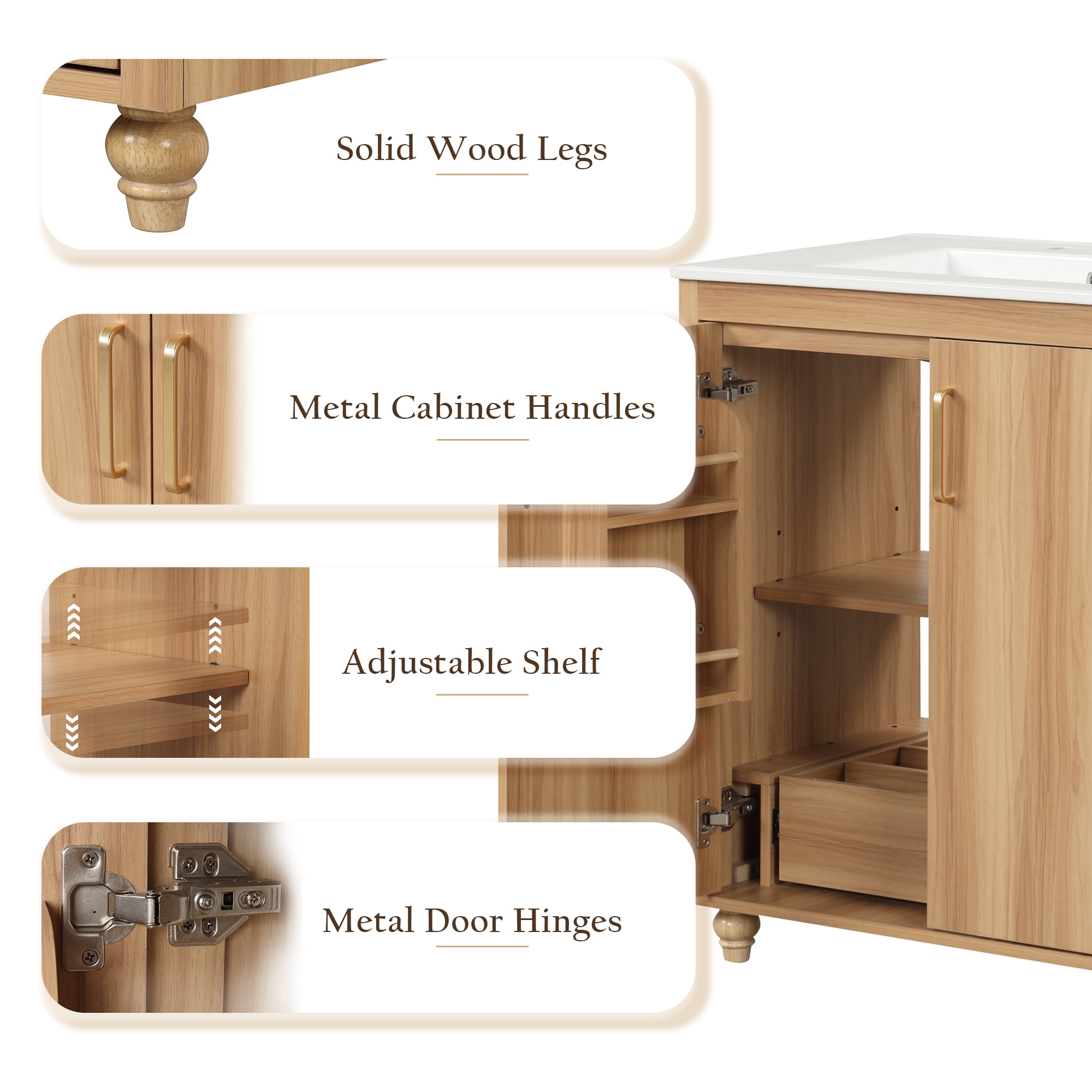 Harper & Bright Designs 30" Bathroom Vanity with Sink Combo, Multi-functional Bathroom Cabinet with Ceramic Top, Storage Doors and Drawer, Natural