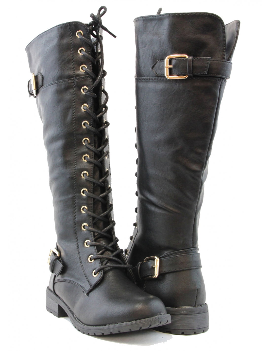 Forever Link - Women Knee High Lace Up Fashion Military Combat Boots ...