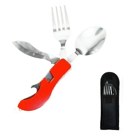 

KKMOL Foldable Tableware Portable Stainless Steel Folding Fork Spoon with Bottle Opener Outdoor Picnic Camping Tableware Red