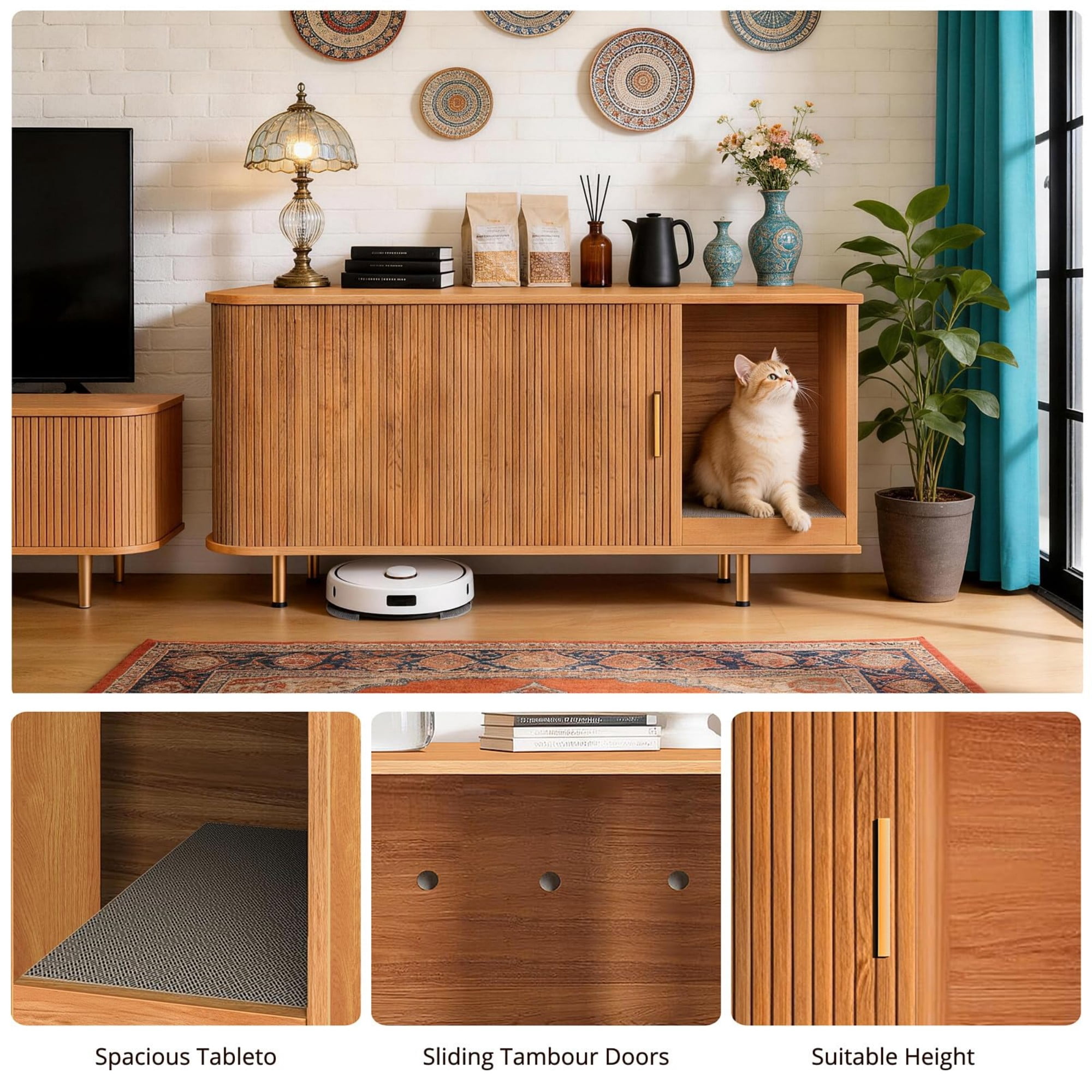 Cat Litter Box Enclosure Furniture with Sliding Door, Hidden Cat House Cabinet with Scratch Pad, Modern TV Stand Side Table, Yellow