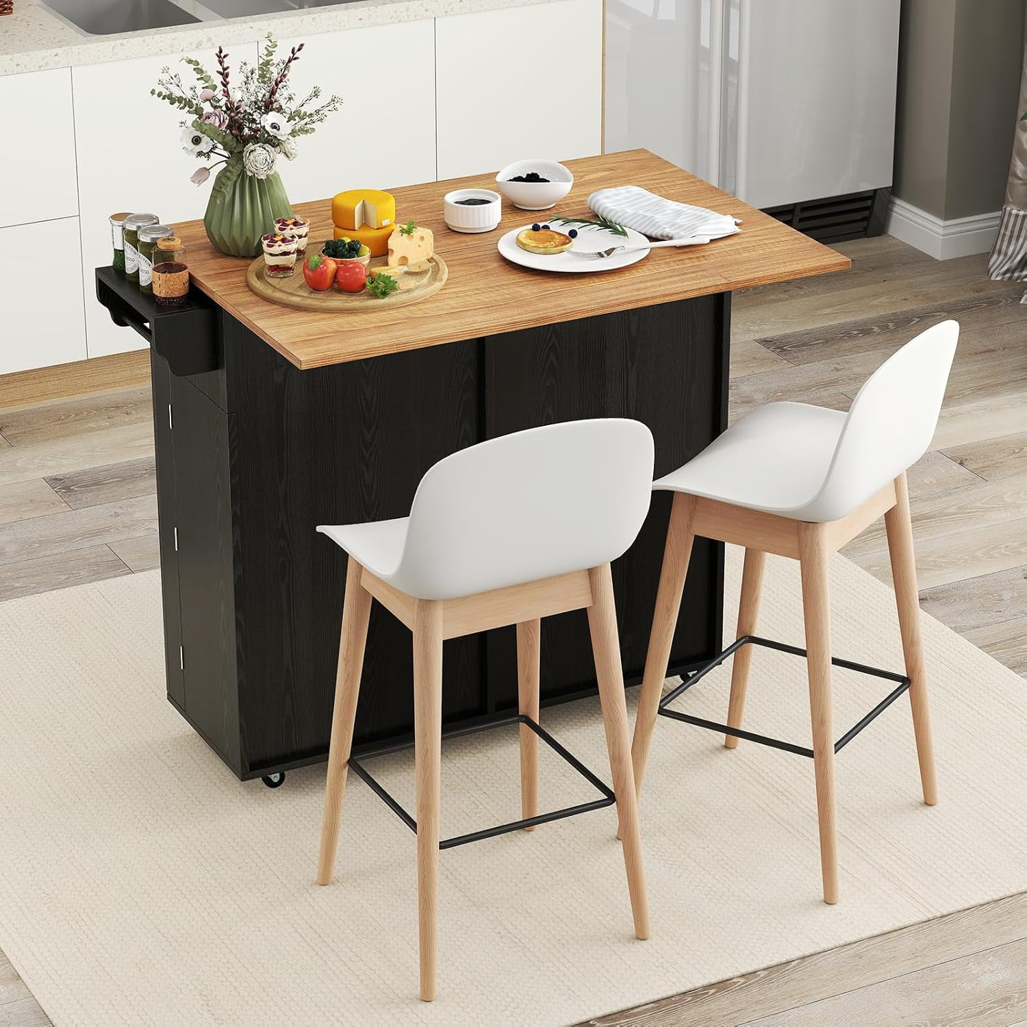 SILKYDRY Rolling Kitchen Island with Trash Can Storage Cabinet, Drop Leaf Breakfast Bar Table, Towel Holder, 2 Drawers & Door Racks, 4 Rubber Wheels, Wood Island Table for Kitchen (Black)