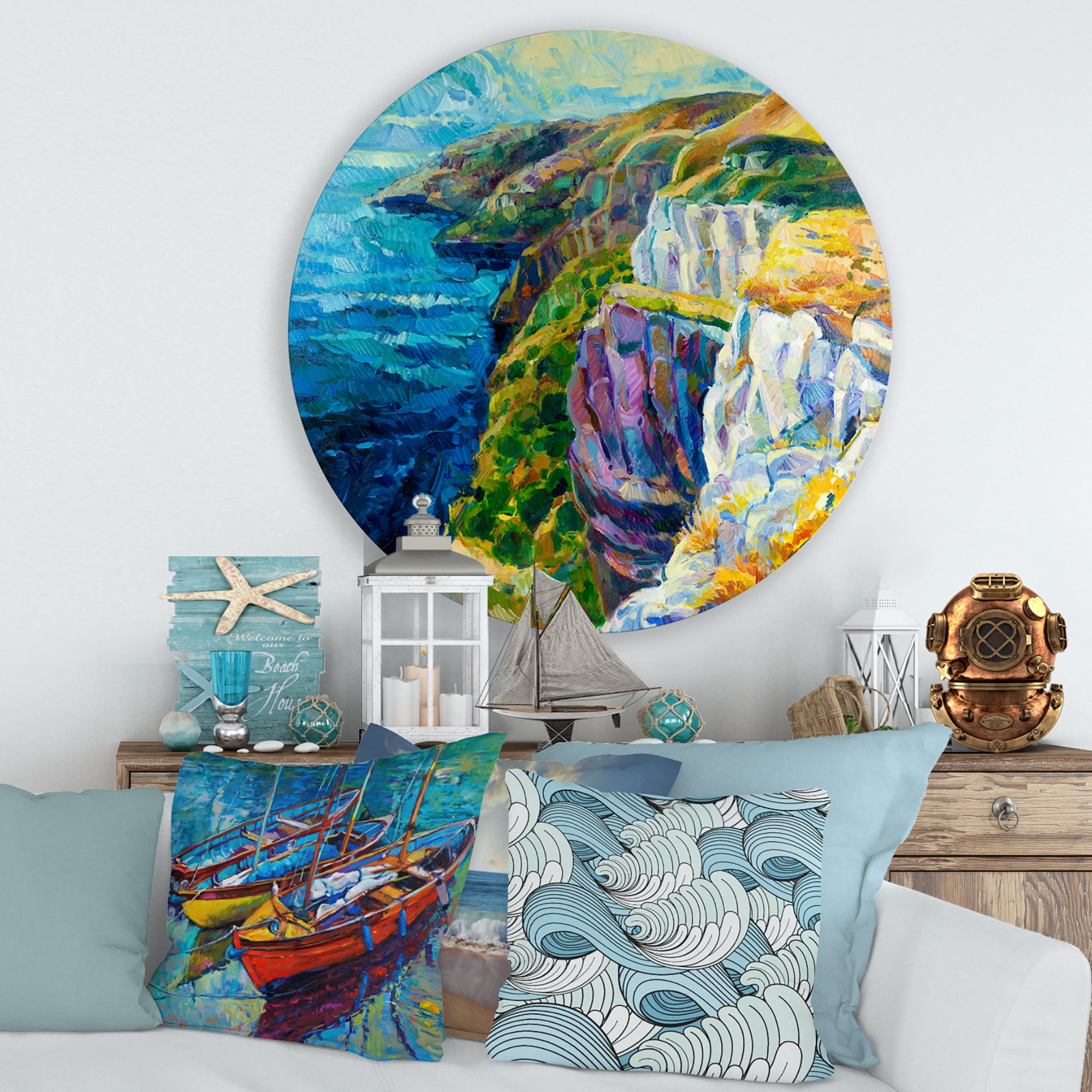 Designart 'The Blue Ocean By Rocky Cliffs II' Nautical & Coastal Circle Metal Wall Art 29x29 - Disc of 29