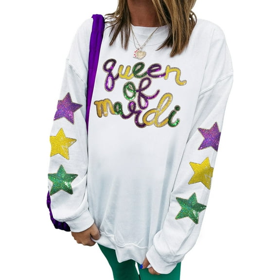 Women's White Sequin 'Queen of Party' Graphic Pullover Sweatshirt with Star Sleeves - [ZhiHiMeRi] | (US 20-22)2XL