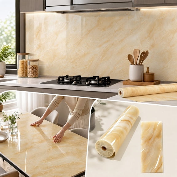 Glossy Marble Paper Granite Kitchen Counter Wallpaper, Self Adhesive Stone Wall Sticker, Oil Proof Waterproof Peel and Stick Backsplash for Countertop Cabinet Bathroom, 118x24 Inch