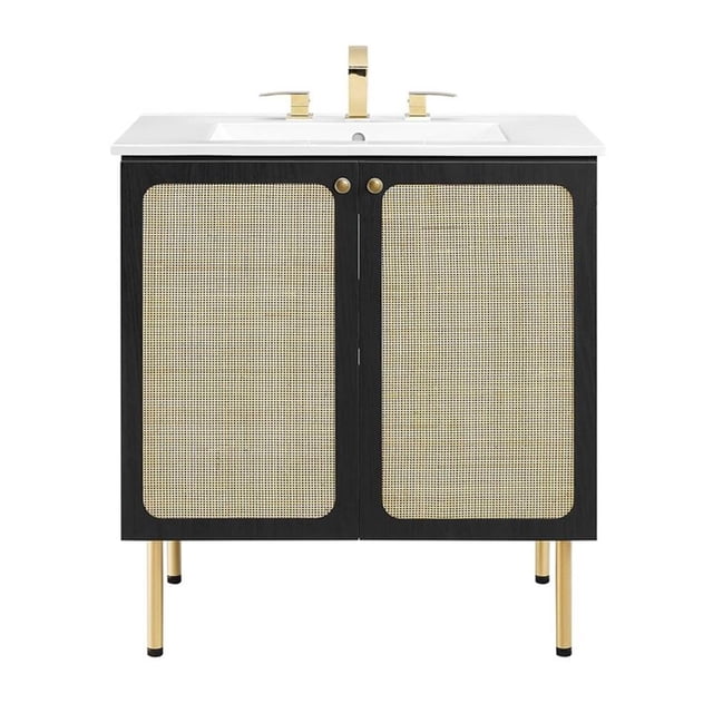 Pemberly Row 30" Wood & Rattan Bathroom Vanity in Black/White