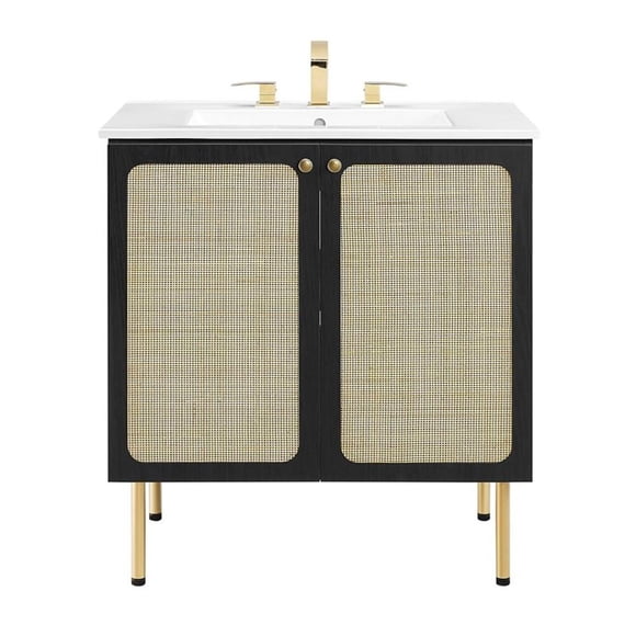 Pemberly Row 30" Wood & Rattan Bathroom Vanity in Black/White