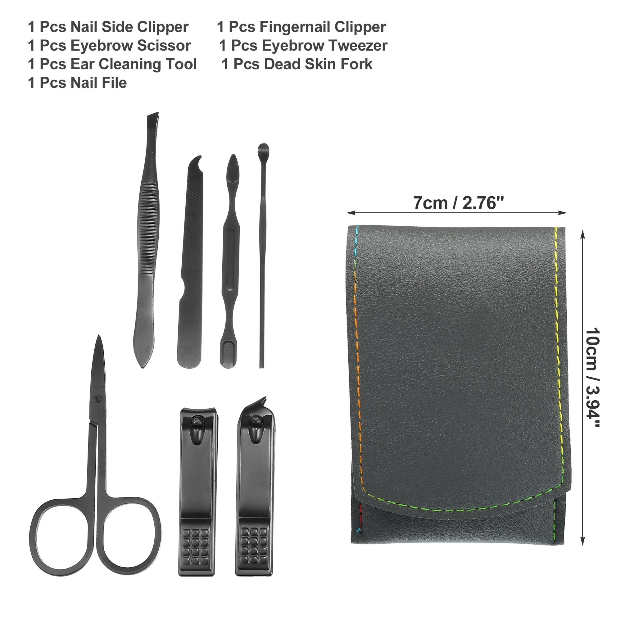 Unique Bargains 7 pcs Manicure Set with Gray PU Case Personal Care Stainless Steel Black