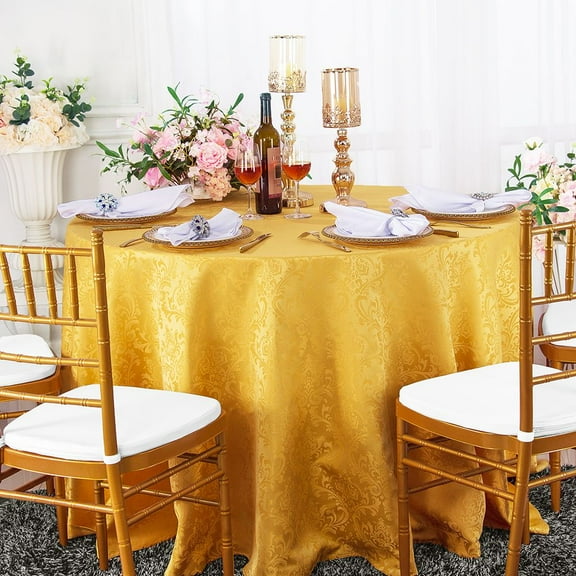 Wedding Linens Inc. 90" Seamless Round Jacquard Damask Polyester Tablecloths - Gold