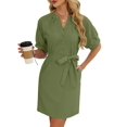 thumbnail image 4 of Women'S Solid Color Casual V-Neck Tie Waist Short Sleeve Dress Midi Summer Shift Dress Green S, 4 of 9