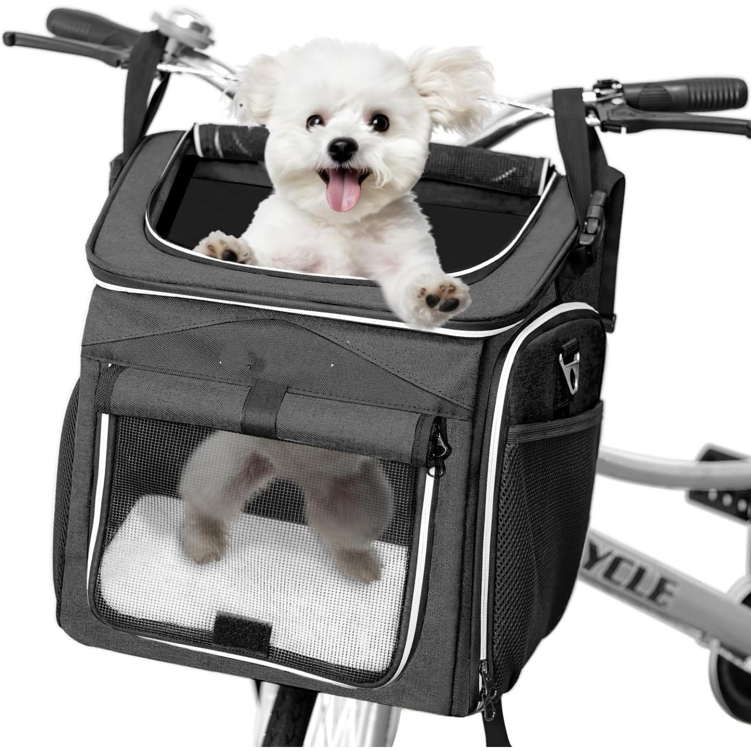 Dog Bike Basket Carrier, Expandable Foldable Soft-Sided Dog Carrier, 2 Open Doors, 5 Reflective Tapes, Pet Travel Bag,Dog Backpack Carrier  and Easy for Small Medium Cats and Dogs(Black)