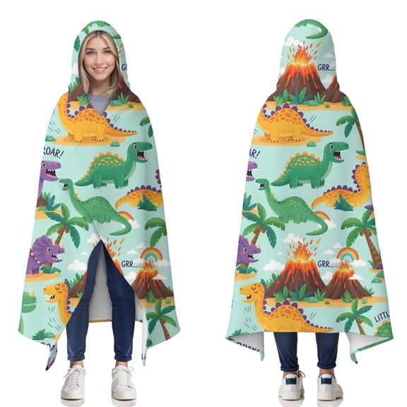 Wearable Blanket,LightBlue Cartoon Dinosaurs Volcanoes Pattern Hooded Wearable Flannel Blanket for Adults & Teens,Winter Poncho Shawl Wrap Cape Cozy Anti-Pill,50"x60"