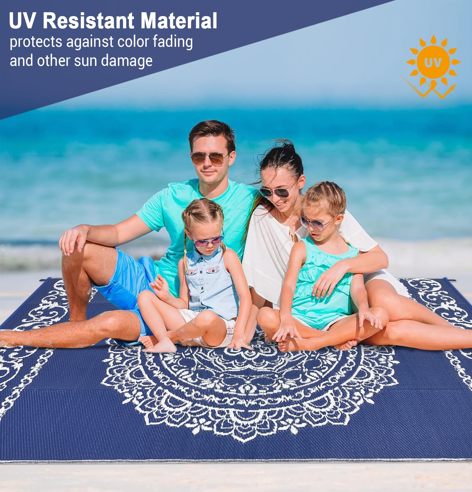 GlowSol 9x18 Outdoor Rug Waterproof Carpet Patio Rug Indoor Outdoor Area Rug Reversible Rug for Picnic Beach Deck-Outdoor, Dark Blue/White