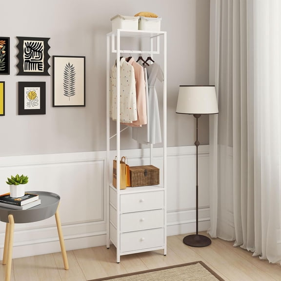 Coat Racks, Clothes Rack with Drawers, Freestanding Tall Closet Organizer with 3 Fabric Drawers, Clothes Stand for Hanging Shirts, Coat,15.35" L×11.41" W×70.47" H, White UHGR001W