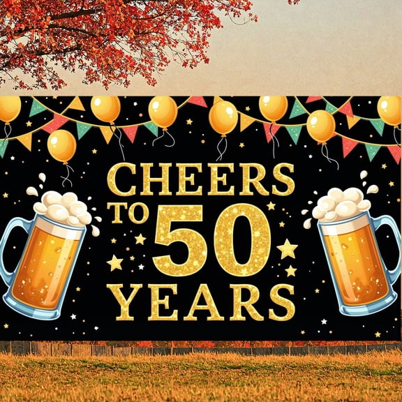Golden Cheers 50th Banner Beer Mug 50th Birthday Display Balloons Bunting Flags Milestone Backdrop for 50th Birthday Anniversary Celebration Adult Party