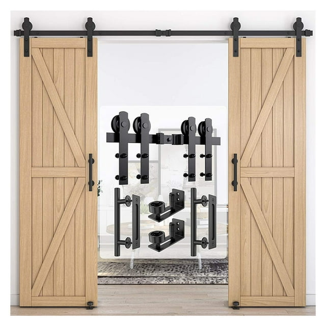 Heavy Duty Sturdy Sliding Barn Door Hardware Kit, Door Slides for Double Door Include 2 Door Handle and 2 Floor Guide Set ,Easy to Install