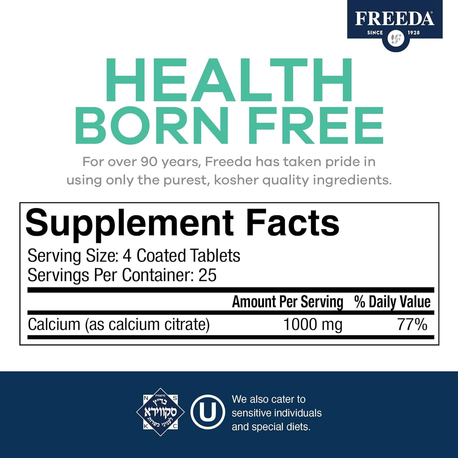 Freeda Calcium Citrate Supplement | 1000 mg per Serving | Vegan, Kosher Bone Health Support | Calcium Tablets Without Vitamin D | 250 Count