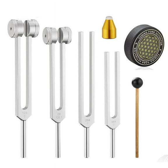Tuning Forks for Healing, Aluminum Alloy Tuning Fork 128Hz, 136.1Hz, 256Hz, 384Hz, Hockey Puck Activator & Gem feet