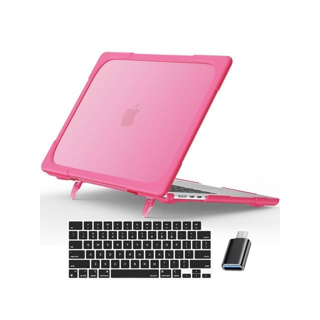 MacBook Air 15 Pouces 2024 2023 Modèle A3114 A2941 avec Puce M3/M2 & Coque Rigide Touch ID Double Couche avec Support Pliant et & Protection de Clavier & Adaptateur Type C