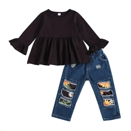 

2Pcs Toddler Kids Baby Girl Outfits Flarel Long Sleeve Floral Tops and Ripped Hollow Jeans Pants