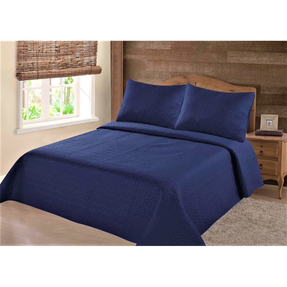 JACKY NAVY BLUE QUEEN 3 Piece MODERN EMBOSSED Solid Bedspread Coverlet