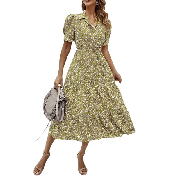 Txlixc Vestido de manga corta femenino con solapa impresa en flores Txlixc moda