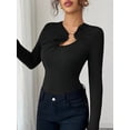 thumbnail image 4 of Women's Metal Ring Long Sleeve Asymmetrical Neck T Shirt Slim Fit Ruched Going Out Tops Black XXL, 4 of 9